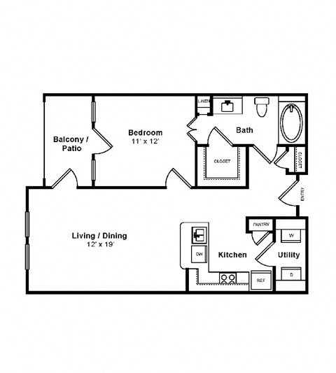 Floor plan for 1 bed, 1 bath, 729 sqft